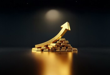 Poster - A golden arrow points upwards over a pyramid of gold bars on a dark background.