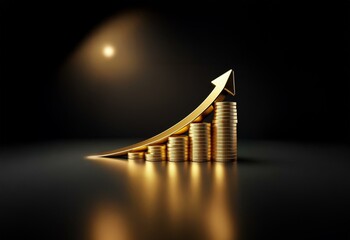Poster - Golden coins stacked in a bar graph shape with a golden arrow pointing upwards.