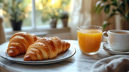 Poster - Inviting continental breakfast spread showcasing golden croissants refreshing orange juice and a cup of rich coffee artfully styled on a marble table captured with selective focus for detail