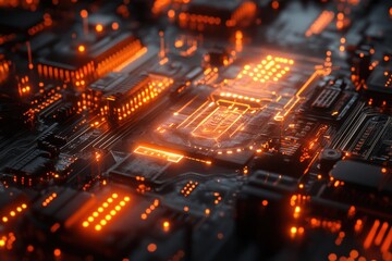 Intricate circuit board glowing with orange lights at a close-up angle showcasing modern technology