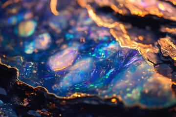 close-up of an opal, showcasing its intricate patterns and vibrant colors