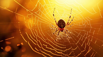  spider weaving its web at twilight, with the golden glow of the setting sun highlighting the delicate threads.