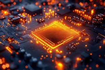 Poster - Detailed view of a glowing microchip surrounded by circuit pathways in a darkened environment
