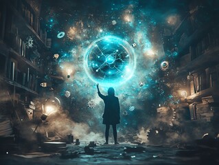 Wall Mural - a woman stands in a room filled with books and glowing orbs, reaching towards a large orb in the cen