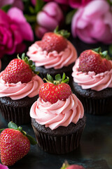 photograph of dark chocolate cupcakes with strawberry frosting and chocolate-covered strawberries, displayed on a dark surface. 