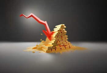 Poster - A red arrow pointing down is positioned above a tower of gold bars, with some gold bars falling away.