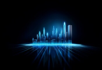 Poster - Abstract glowing blue cityscape with reflective surface.