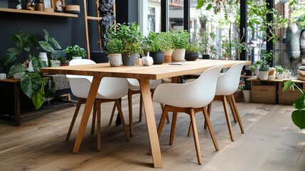 Elegant dining area featuring a wooden table surrounded by modern white chairs and lush green plants.