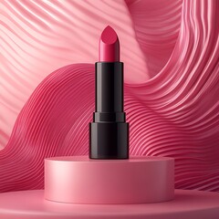 Poster - Bold lipstick positioned a sleek pink pedestal with dynamic abstract geometric forms surrounding it against a soft background highlighting the beauty and sophistication of the product