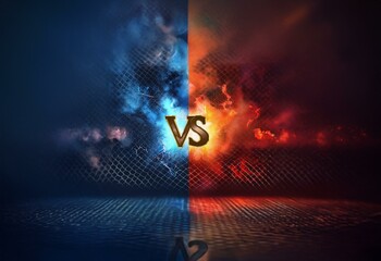 Aufkleber - A dark and dramatic abstract image with a gold VS symbol in the center surrounded by blue and red glowing smoke behind a black wire fence.