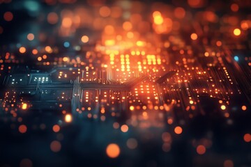 Poster - brightly illuminated circuit board with intricate patterns and glowing elements at night