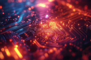 Poster - Intricate circuitry illuminated by vibrant lights in a futuristic digital landscape at night