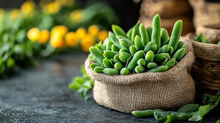 Poster - Bright green snap peas a burlap bag on a rustic wooden table with a lush blooming agricultural field visible in the background offering space for text