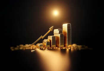 Poster - Golden bars stacked to form a rising graph with an arrow pointing upward, all against a dark background.