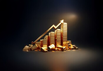 Poster - Golden bars stacked in a rising graph with an arrow pointing up, all on a black background.