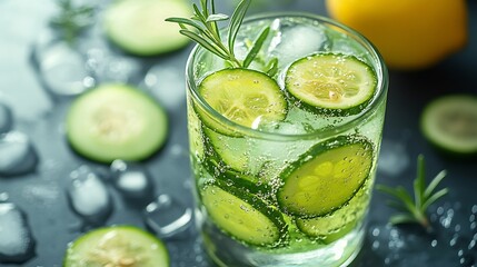 Poster - Chilled lime lemonade slices of cucumber and sprigs of rosemary served in a glass filled with ice set against a crisp white background perfect for a refreshing summer drink recipe with copy space