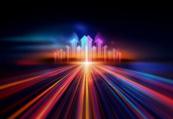 Poster - Abstract image of colorful glowing arrows pointing up, set against a dark background with a glowing speed line effect.
