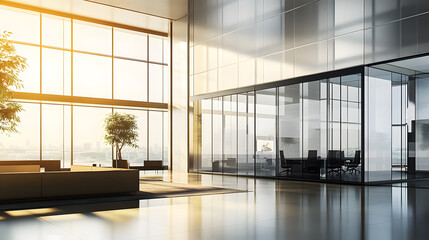 Wall Mural - Modern office interior with glass walls, large windows, and minimalistic design. 3D Rendering