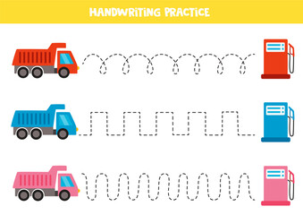 Tracing lines for kids. Cartoon colorful trucks and gas stations. Handwriting practice.