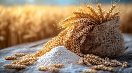 Poster - Closeup of ears of golden wheat an open bag of flour on a weathered wooden table with a vast wheat field in the background providing an ideal area for adding text or captions