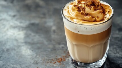Poster - Closeup of frothy dalgona coffee a clear glass showcasing a creamy instant coffee foam topping Set against a smooth grey background with ample space for text emphasizing the drinks rich texture