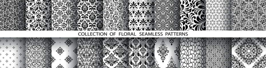 Wall Mural - Geometric floral set of seamless patterns. White and black vector backgrounds. Damask graphic ornaments.