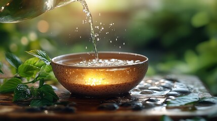 Poster - Closeup of water pouring a glass jug into a round cup on a rustic wooden table light green napkin complementing the scene nature's green backdrop adds freshness perfect for text