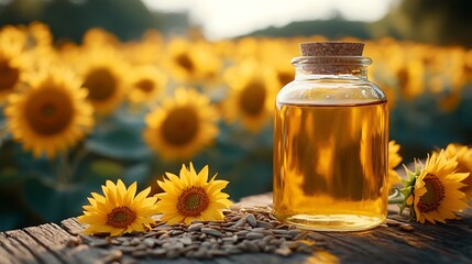 Poster - Closeup view of glass bottle of sunflower oil alongside scattered sunflower seeds on a wooden table with a vibrant sunflower field stretching out in the background leaving space for a caption
