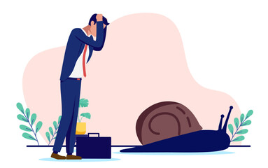 Aufkleber - Slow business and career - Sad bored businessman person standing still with snail feeling lack or no progress in life and company. Unsatisfied and unfulfilled concept in flat design vector graphic