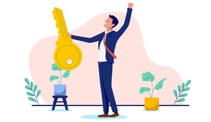 Poster - Businessman with key to success - Businessperson man standing holding golden key in hand, cheering and feeling happy for opening new opportunities in career and business. Flat design vector graphic