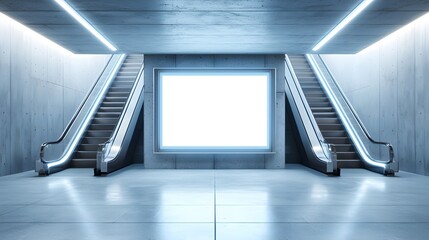 Blank advertisement board next to escalator in underpass, soft ambient lighting, concrete and glass textures, digital display mockup, futuristic subway environment, urban minimalism