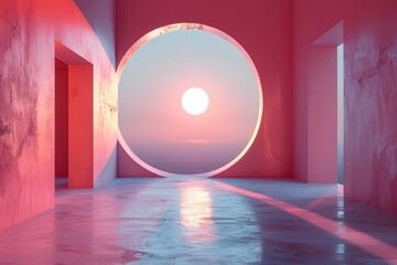 Canvas Print - Serene Sunset Through Circular Architecture in a Pink-Hued Room