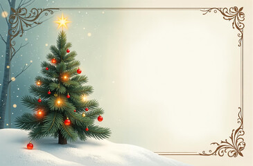 christmas card with christmas decorated tree with space for text on a light background