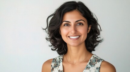 Canvas Print - Smiling Woman with Curly Hair Against Neutral Background