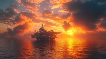 Poster - Oil rig silhouetted against a vibrant sunset over the ocean.