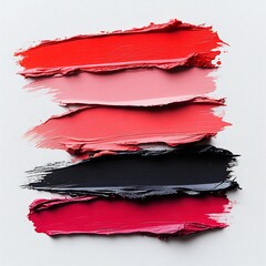 Poster - Creative arrangement of lipstick swatches a white background with bold strokes of different shades in a modern layout showcasing a beauty product range in an elegant and artistic style