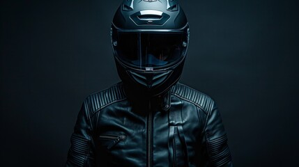 Wall Mural - a person in a black motorcycle helmet and leather jacket, with diamond patterns, stands confidently 