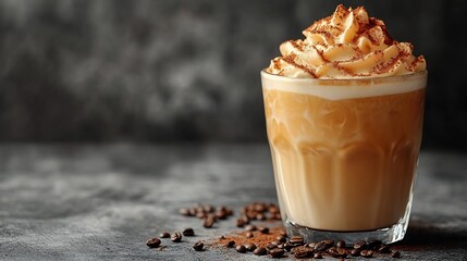 Poster - Dalgona coffee its signature frothy layer in a glass cup set against a neutral grey background A modern and trendy look ideal for showcasing this popular drink with space for text