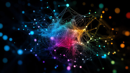 Poster - A neural network is portrayed with colorful nodes connected by intricate lines, illustrating complex data interactions