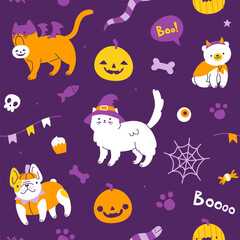 Wall Mural - Bright halloween pattern with cute pets in costume. Seamless vector halloween print for kids.