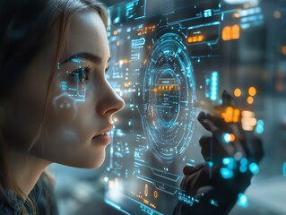 Poster - A young woman interacts with a futuristic holographic interface, her eyes scanning the data displayed on the screen.