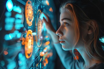 Poster - A young woman interacts with a futuristic interface filled with glowing data and graphics.
