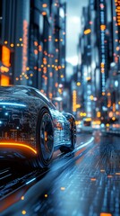 Wall Mural - Autonomous Vehicle Technology in Urban Environment, showcasing intricate sensors and systems functioning seamlessly in a bustling cityscape