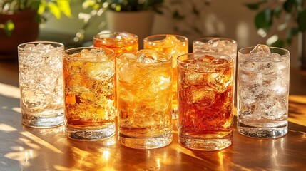 Poster - Different shades of refreshing soda water crystal glasses with ice cubes glistening in the sunlight elegantly displayed on a wooden table creating a lively scene with room for text