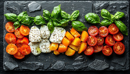 Poster - Fresh tomato salad with mozzarella on rustic plate generated by AI