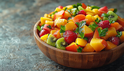 Wall Mural - Fresh fruit salad bowl on wooden table, healthy snack generated by AI