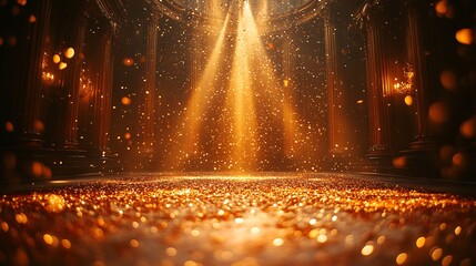 Poster - Dramatic golden confetti falling over stage under a warm amber spotlight the empty room exudes an air of mystery ideal for a jubilee celebration or luxurious event mockup