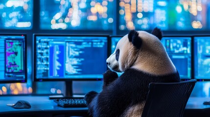 A panda seated at a computer, seemingly engaged in coding or data analysis amid a city backdrop.