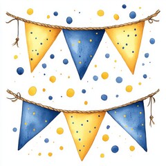 Illustration of two watercolor garlands with flags. Celebration concept for birthday, wedding, or baby shower. Ink illustration for greeting cards, invitations, and banners.