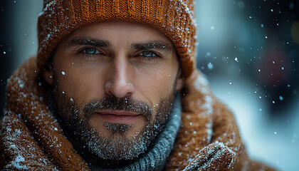 Wall Mural - Man in winter snow portrait, smiling with confidence generated by AI